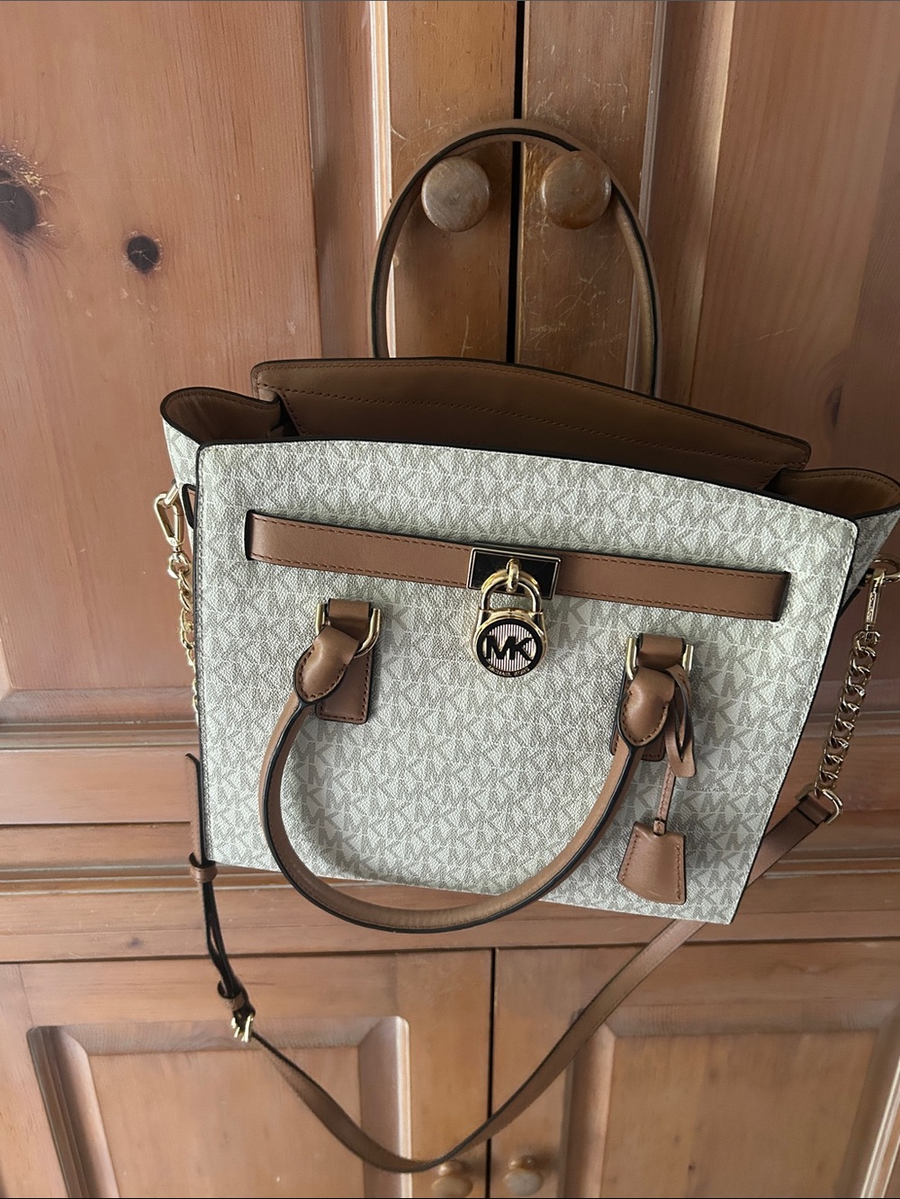 Michael Kors Vanilla Monogram Hamilton Satchel with Brown Trim and Gold Hardware